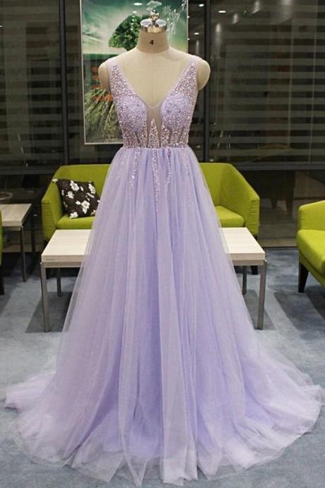 Lavender Tulle Beaded V-neckline Low Back A-line Prom Dress, Lavender Evening Dresses M071