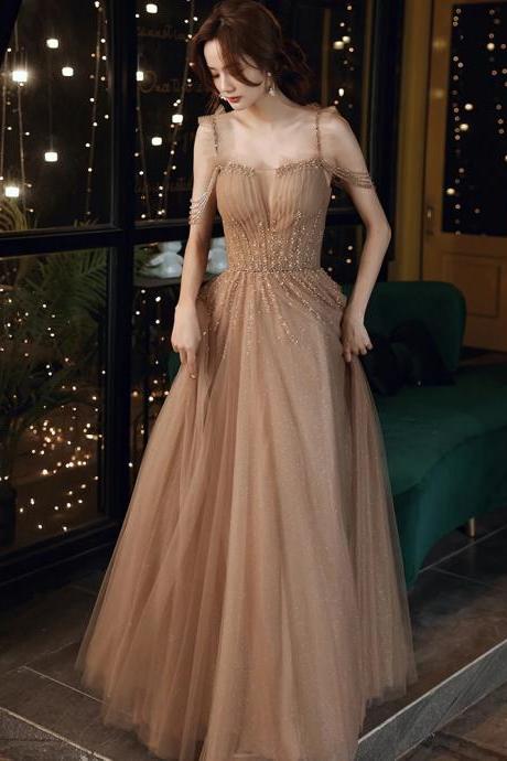 Champagne Beaded Tulle Straps Long Party Dresses, A-line Tulle Formal Dresses Prom Dresses M073