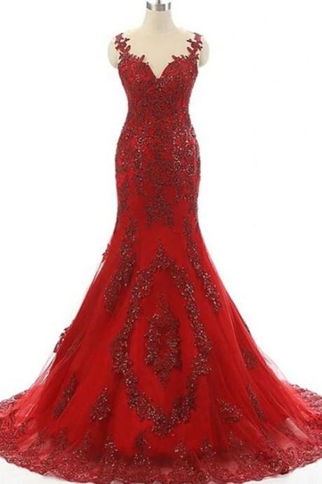Wine Red Mermaid Long Party Dress With Lace Applique, Dark Red Formal Dresses M080