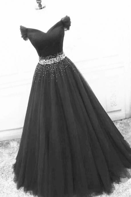 Black Off Shoulder Tulle Lace Beaded A-line Prom Dress, Black Junior Party Dresses M093
