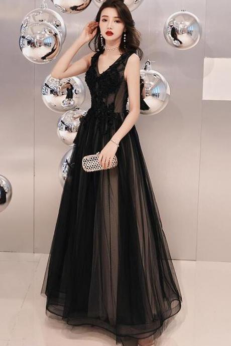Black V-neckline Tulle Lace Applique Long Party Dress Prom Dresses, Black Evening Dresses M095