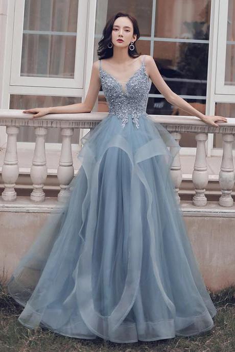 Light Blue Tulle V-neckline Lace Applique Straps Layers Skirt Long Prom Dress, Blue Wedding Party Dress M099