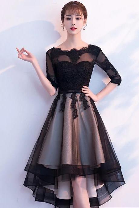 Champagne And Black High Low Short Sleeves Party Dress, High Low Homecoming Dress Formal Dresses M100