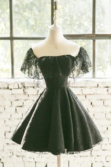 Black Off Shoulder Lace Sweetheart Lovely Short Homecoming Dress, Black Party Dress M101