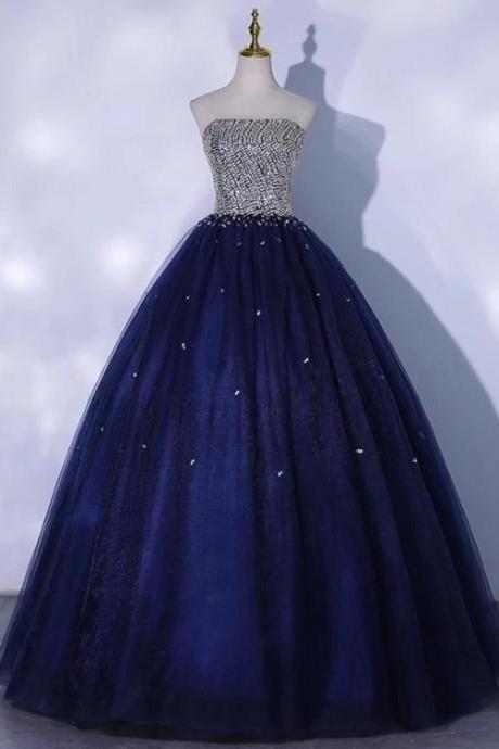 Blue Sequins And Beaded Ball Gown Tulle Lace-up Formal Dress,blue Evening Dress Party Dresses M102