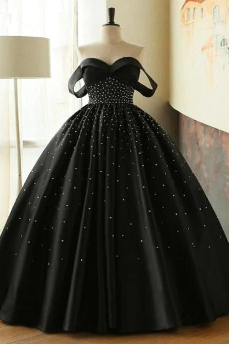 Black Satin Off Shoulder Beaded Floor Length Formal Dress, Black Prom Dress Party Dress M106