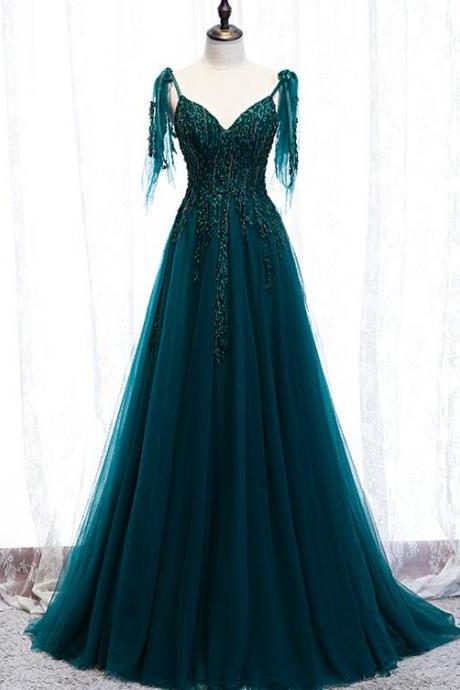 Lovely A-line Straps Tulle Teal Blue Long Evening Dress Prom Dress, A-line Formal Dresses M108