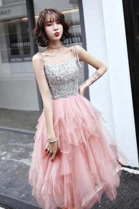 Lovely Pink Sequins And Tulle Short Party Dresses, Pink Homecoming Dresses M111