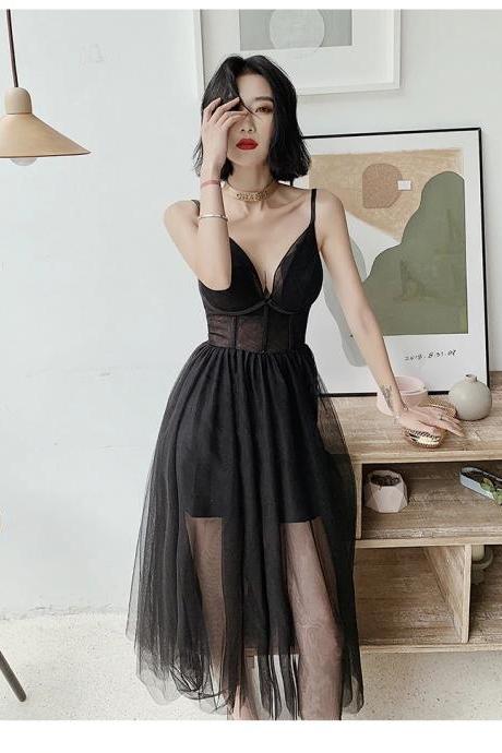 Black Tulle V-neckline Party Dress With Straps Formal Dress, Black Evening Dress M112
