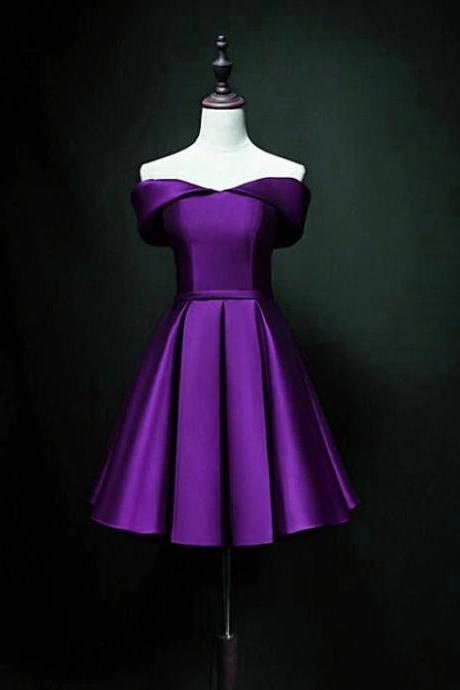 Purple Sweetheart Satin Off Shoulder Homecoming Dresses, Purple Short Prom Dresses M113