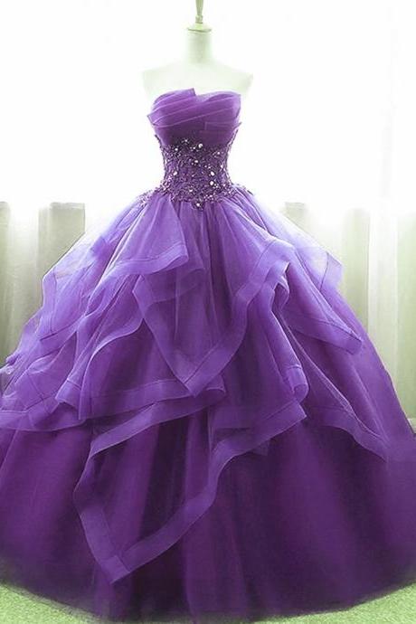 Purple Ball Gown Organza And Tulle Sweet 16 Dress With Lace Appique, Purple Formal Gown M115