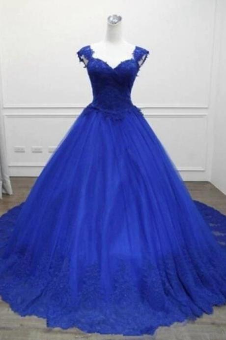 Royal Blue Tulle Sweetheart Ball Gown Formal Dress With Lace Applique, Blue Sweet Dresses M121