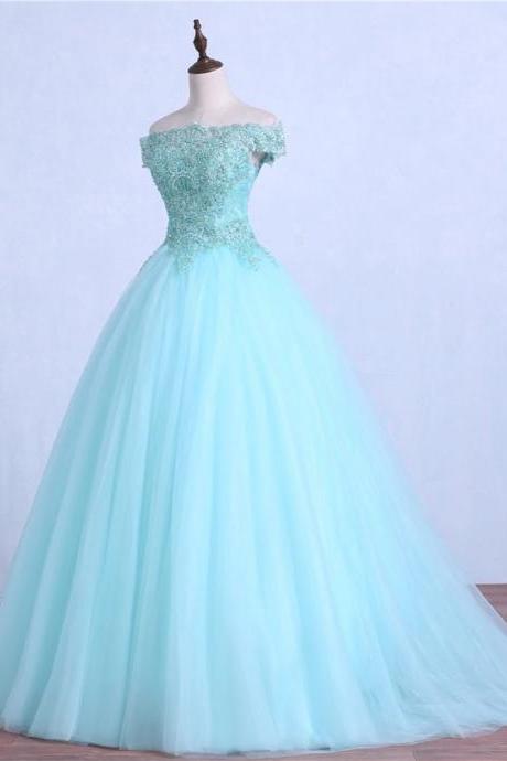 Mint Blue Off Shoulder Lace Applique Tulle Formal Dress, Ball Gown Tulle Party Dresses M124