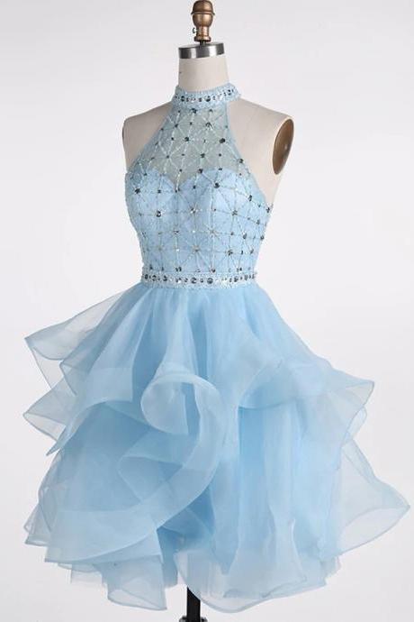 Light Blue Beaded Layers Knee Length Party Dress, Blue Homecoming Dress Short Prom Dress M125
