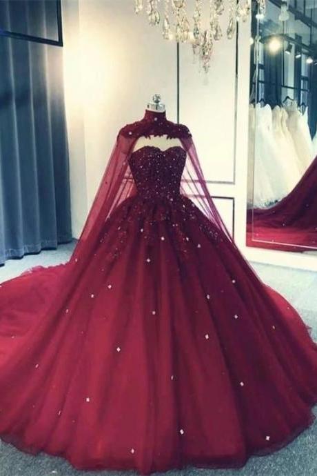Ball Gown Quinceanera Dress Lace Applique Beaded Cape, Wine Red Formal Dress Party Gowns M132