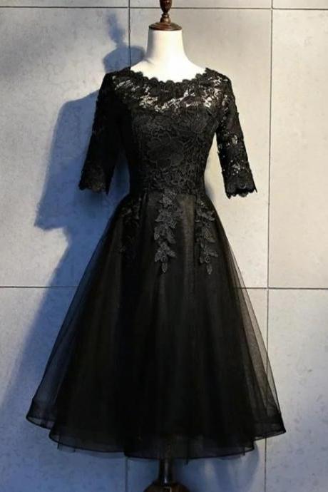 Black Lace And Tulle Short Sleeves Party Dresses Formal Dress, Black Homecoming Dresses M139