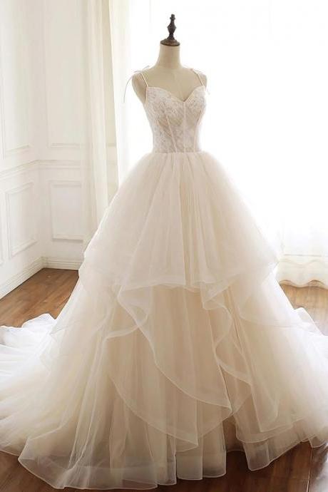 Tulle Layers With Lace Top Straps Long Wedding Party Dresses, Ivory Formal Gown M142