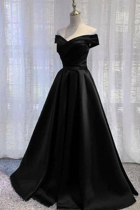Black Satin Off Shoulder Long Simple Evening Dress Formal Dress, Black Party Dresses M143