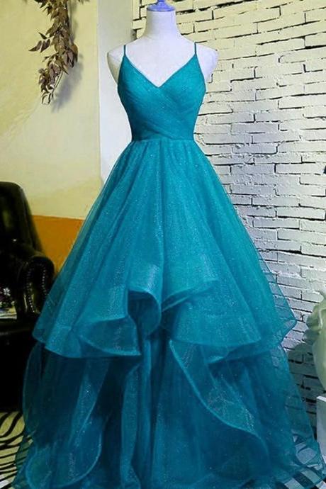 Teal Blue V-neckline Tulle Straps Layers Long Party Dresses, A-line Tulle Prom Dress Party Dress M144