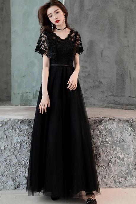 Black Lace And Tulle Long A-line Simple Evening Dress, Black Formal Dress Prom Dress M151