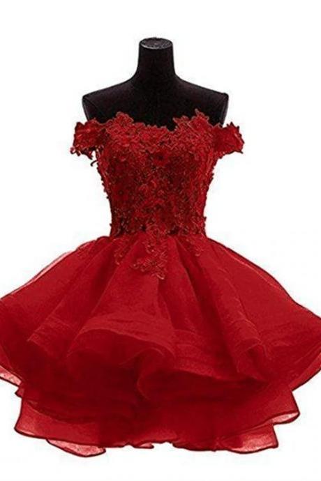 Wine Red Organza Layers With Lace Short Party Dress, Dark Red Homecoming Dress M153