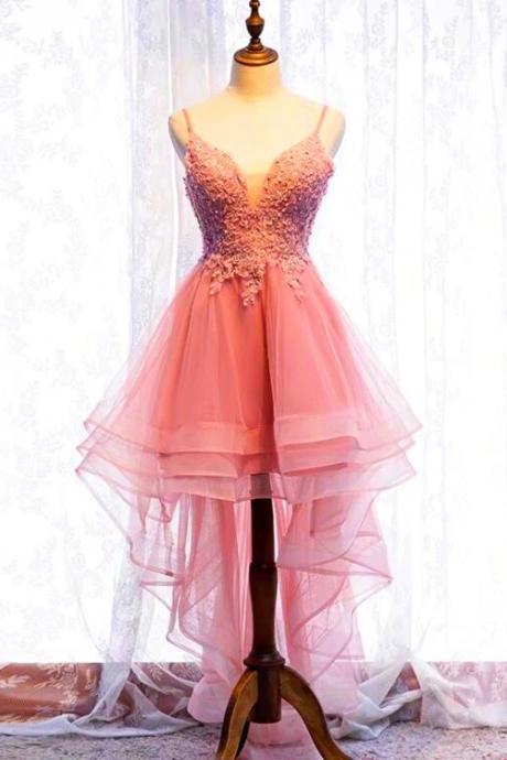 Chic V-neckline Lace Applique Tulle High Low Straps Homecoming Dress, Tulle Short Prom Dress M154