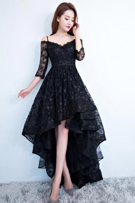 Black Lace V-neckline Straps High Low Party Dress Homecoming Dress, Black Formal Dress M155