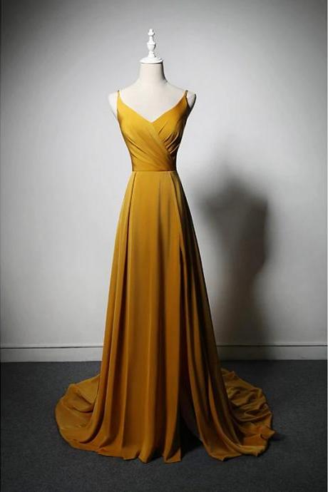 Goleden V-neckline Straps Long Party Dress With Leg Slit, Long Gold Evening Dress Prom Dress M158