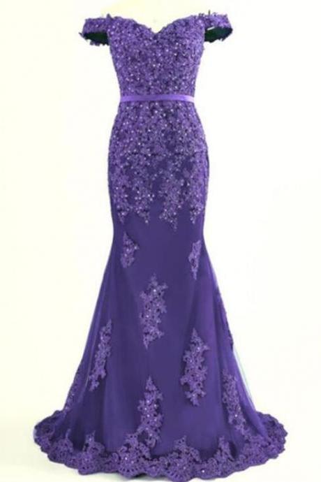 Dark Purple Lace Mermaid Off Shoulder Evening Gown, Mermaid Purple Prom Dress M159