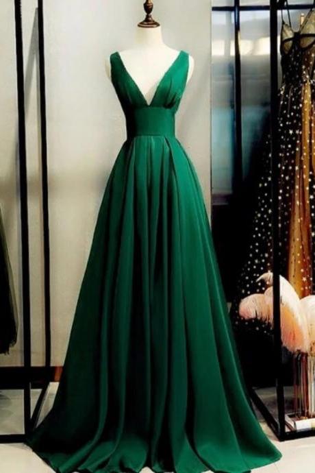 Custom Green A-line Deep V-neckline Satin Long Party Dress, Green Formal Dress Evening Dress M164