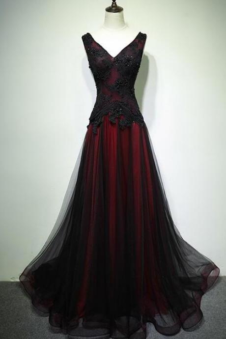 Fashoin Black And Tulle V-neckline Beaded Lace Long Party Dress, A-line Prom Dress Evening Dresss M165