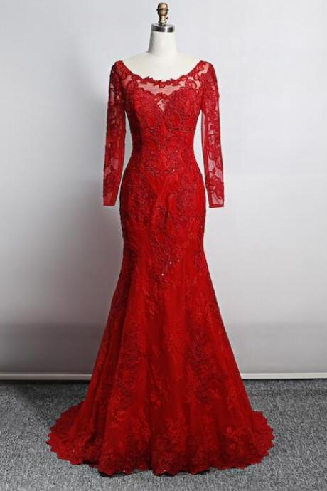 Red Lace Mermaid Long Sleeves Beautiful Evening Gown, Red Lace Wedding Party Dress Custom M168