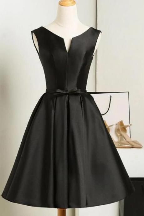 Fashoin Black Short V-neckline Knee Length Party Dress, Black Homecoming Dress Prom Dress Custom M169