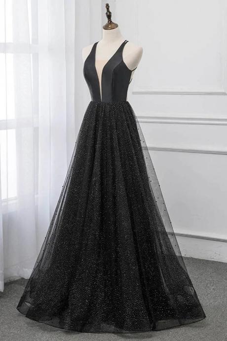 Black V-neckline Tulle And Satin Long Straps Cross Back Prom Dress, Floor Length Evening Dress Custom Size M175