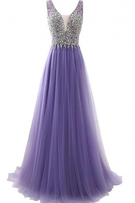 Hand Made Custom Light Purple Tulle Beaded V-neckline Long Formal Dress, Charming A-line Tulle Prom Dress M177