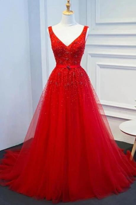 Red V-neckline Sequins And Beadings Tulle Long Party Dress With Belt, Red Tulle Formal Dress M179