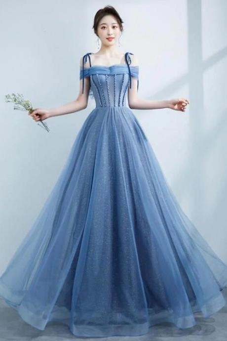 Blue Shiny Tulle Off Shoulder Beaded Straps A-line Party Dress, Blue Long Prom Dress M185