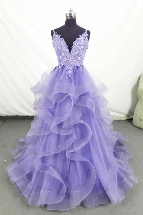 Lovely Purple Tulle Long Layers Handmade Formal Dress, Lace Top A-line Prom Dress M186