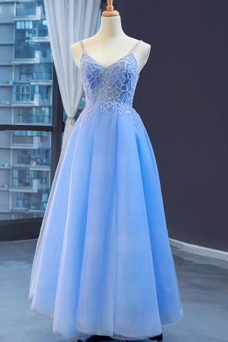 Blue V-neckline Tulle Beaded Long Straps Beaded Dress, Blue Fashionable Formal Dress Prom Dress M188