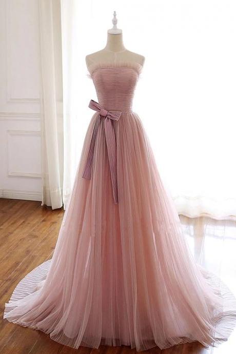 Simple Pink Fashionable Scoop Tulle Long Wedding Party Dress With Bow, Pink Long Formal Dress M190