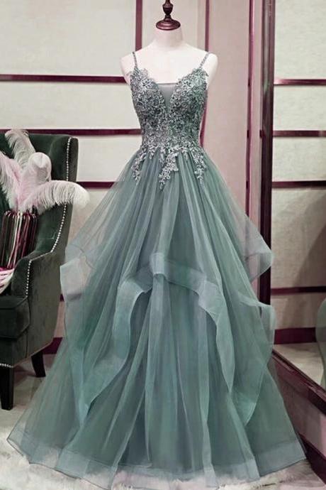 Green Lace Appliques Layers Tulle Long Formal Dress, Straps A-line Prom Dress M204