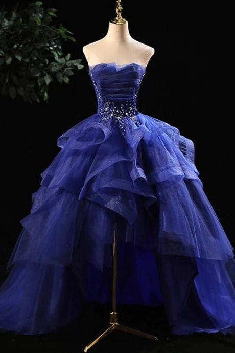 Blue Prom Dresses Ruffles Tiered Crystal Beaded Top Formalparty Dress, High Low Prom Dress M206