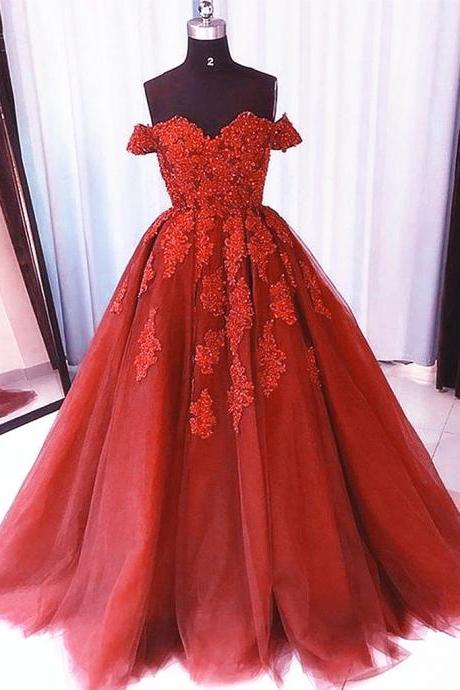 Dark Red Tulle Long Off Shoulder Beaded Lace Prom Dress, Red Sweet Gown M207