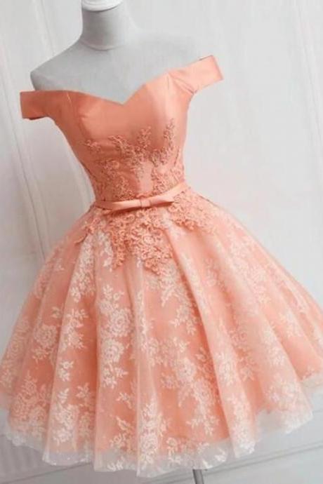 Lovely Peach Lace Tulle Short Party Dress, Off Shoulder Knee Length Homecoming Dress M208