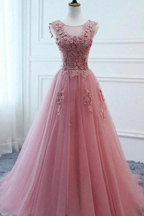 Pink Tulle With Lace Applique Long Formal Dress, Round Neckline A-line Prom Dress M212