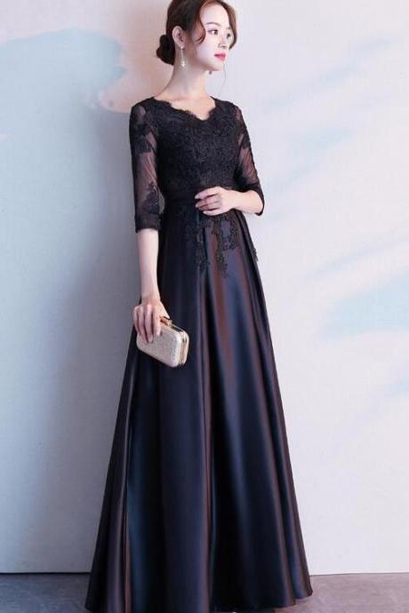 Black Satin With Lace Short Sleeves Formal Dress, Black Long Prom Dress, Party Dress M216