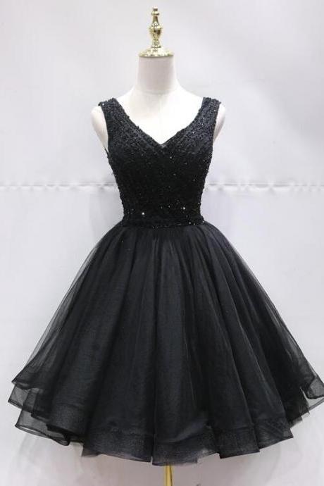 Black Tulle V Back Beaded Knee Length Homecoming Dress, Black Short Party Dress M220