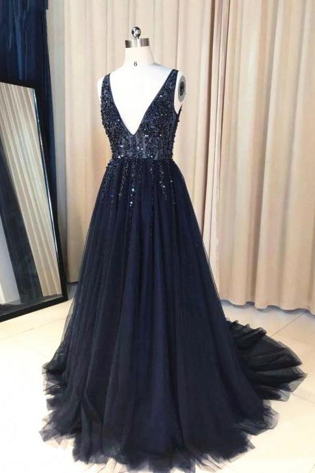 Sparkly Deep V Neck Beaded Prom Dress, Long Tulle Backless See Through Evening Dress M224