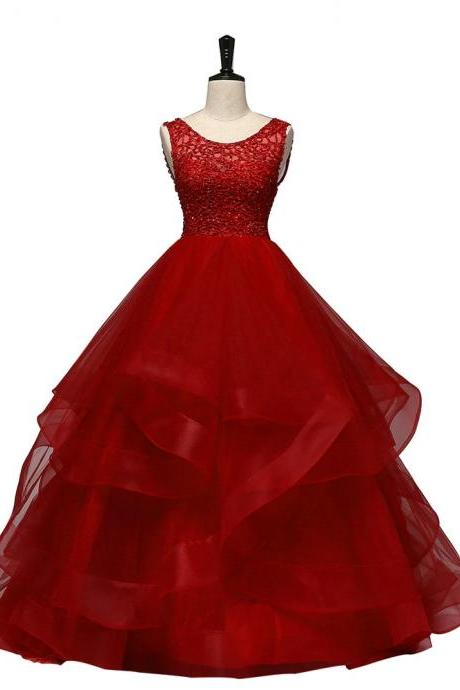 Wine Red Tulle With Lace Layers Ball Gown Sweet 16 Dress, Long Formal Dress Prom Dress M225