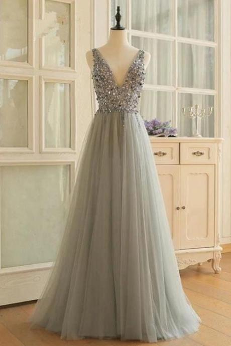 Grey Long Tulle Beaded V Back A-line Prom Dress, Floor Length Grey Formal Dress Evening Dress M228